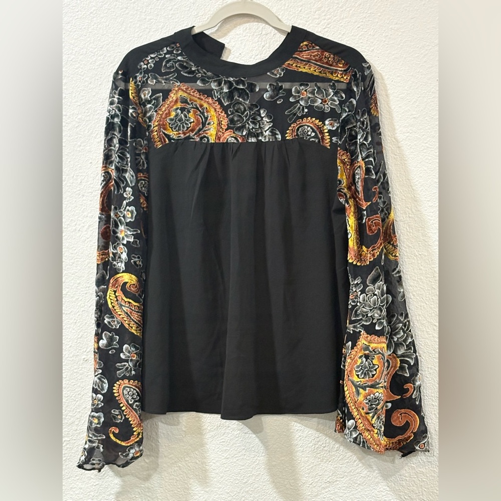 Umgee Black Boho Style Blouse with Sheer Paisley Burnout Sleeves